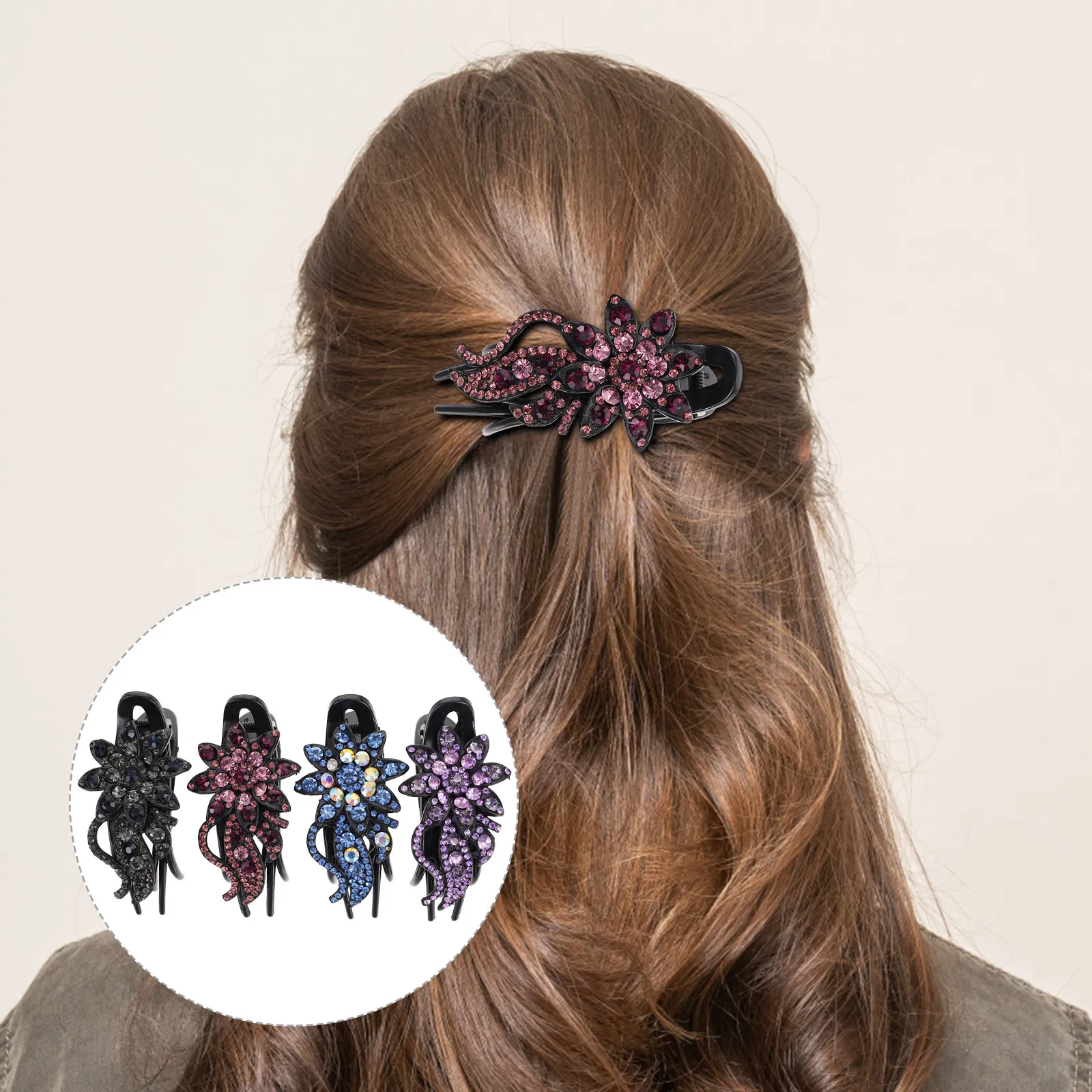 

4Pcs Duckbill Clip Hair Claw Clamp Rhinestone Flower Design Non-Damaging Hair Clasp for Women Elegant Daily Party Styling