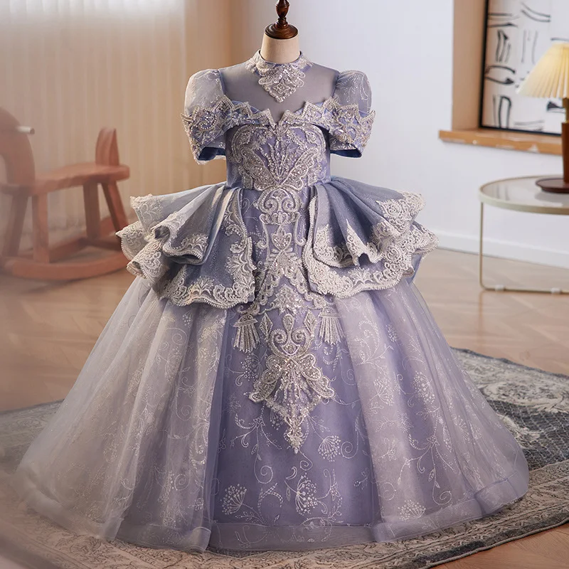 

New Real Pictures Flower Girl Dresses Puffy Princess Dress Lace Up Back High Neck Kids First Communion Dress Pageant Gown