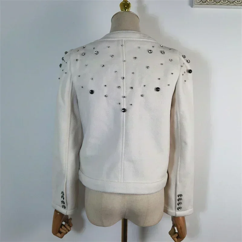 Chaqueta de Cachemira de dos caras para mujer, chaqueta blanca informal de lana con bolsillos y cuello redondo, bordada con diamantes, moda de