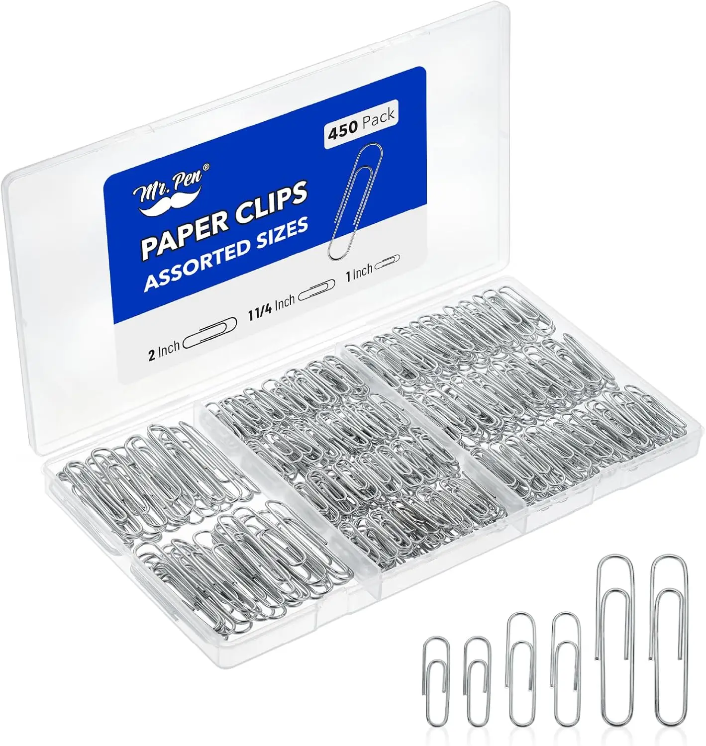 

450 Silver Paper Clips, Assorted Sizes 1", 1-1/4", 2", Zinc Galvanized with Storage Box for Office, School, DIY