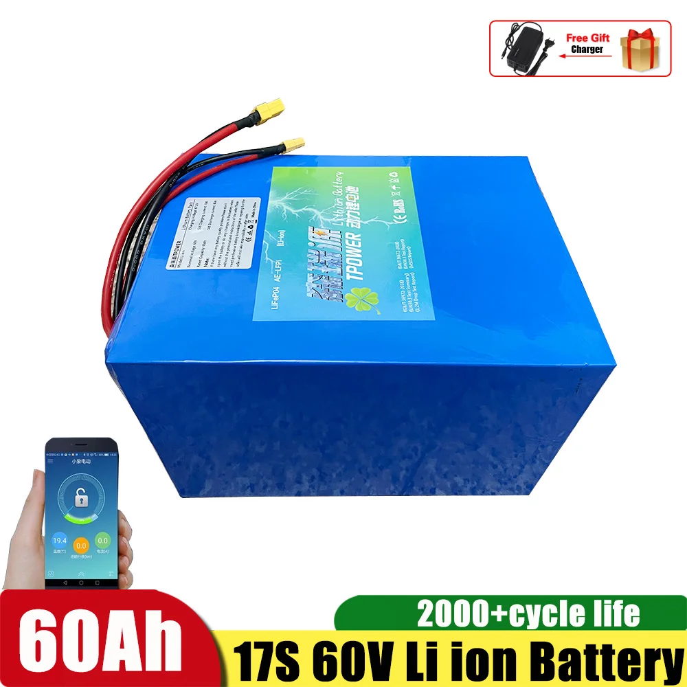 17S 60V 60Ah batería de iones de litio con BMS Bluetooth para 2500W 3000W triciclo eléctrico Scooter motocicleta + cargador 10A