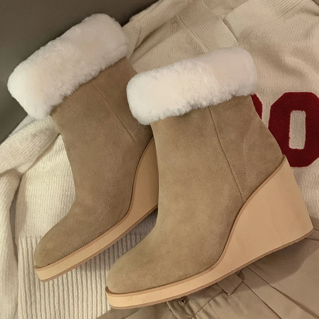 

Women's natural suede leather round toe wool inside slip-on winter ankle snow boots 7cm wedge med heel elegant ladies short boot
