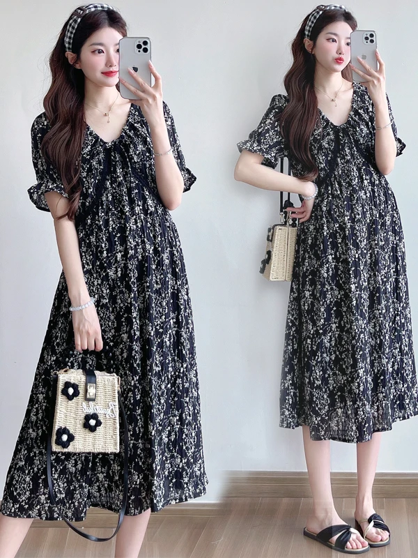 abito-da-maternita-con-stampa-floreale-gonna-in-chiffon-design-che-valorizza-la-silhouette-e-nasconde-l’addome-nuovo-modello-estivo-stile-francese-taglio-ampio-in-vita-abbigliamento-da-maternita-confortevole