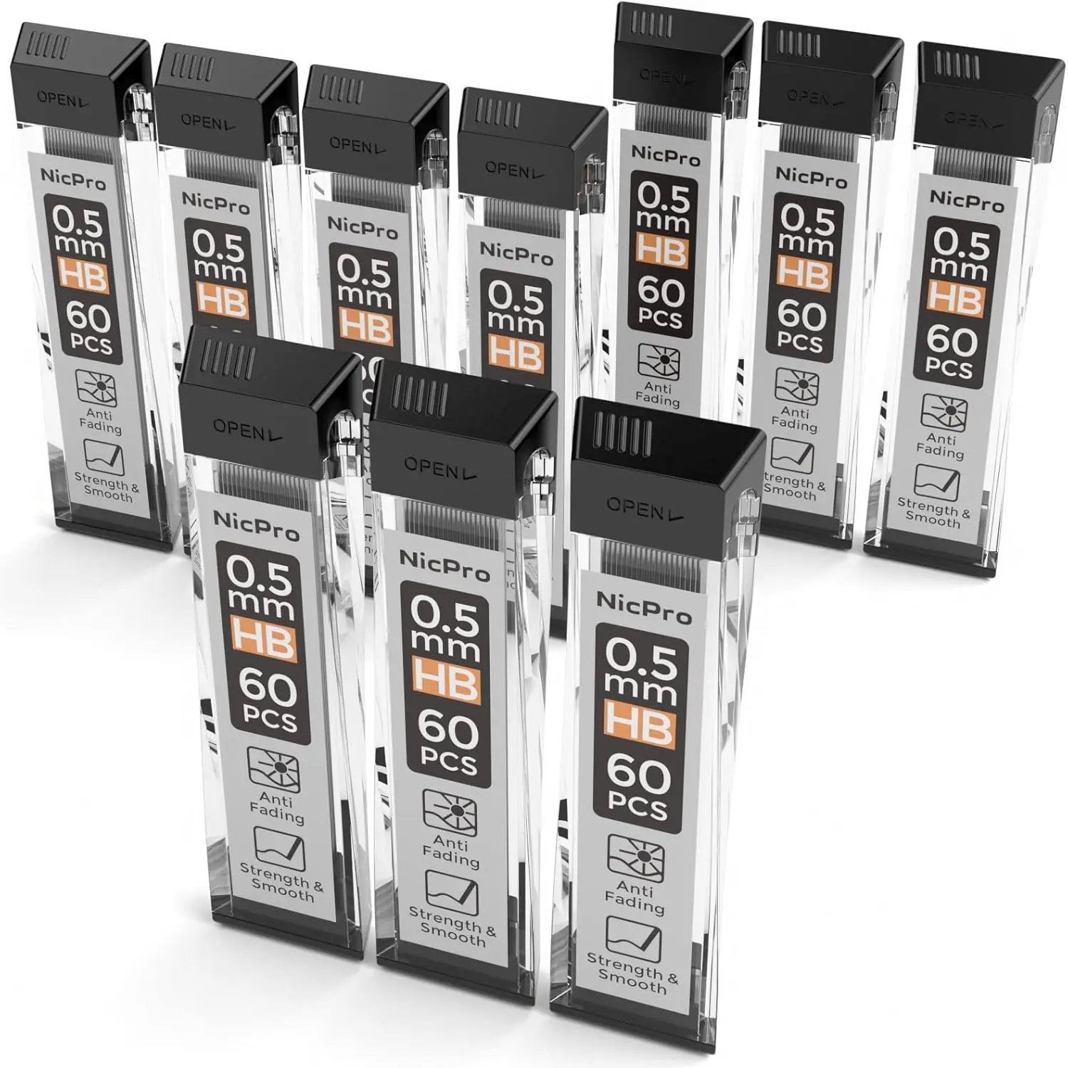 

600 шт. 0,5 мм HB # 2 набора механических карандашей, устойчивых к поломке, 60 штук в тубе, 10 туб