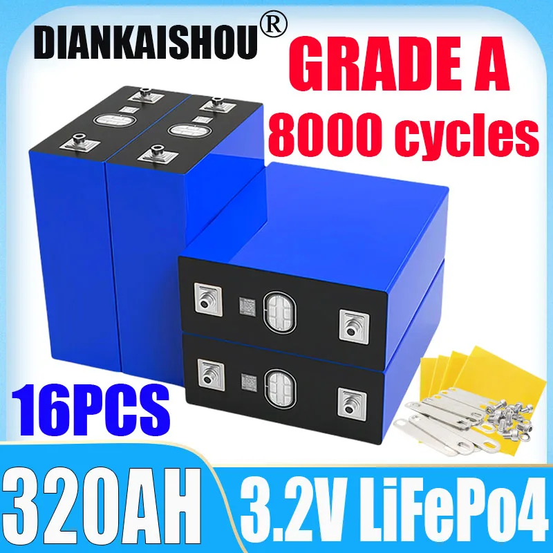 

16pcs 8000 cycles A-class 3.2V 320AH LiFePo4 lithium iron phosphate battery 3C high-power DIY 48V solar rechargeable battery