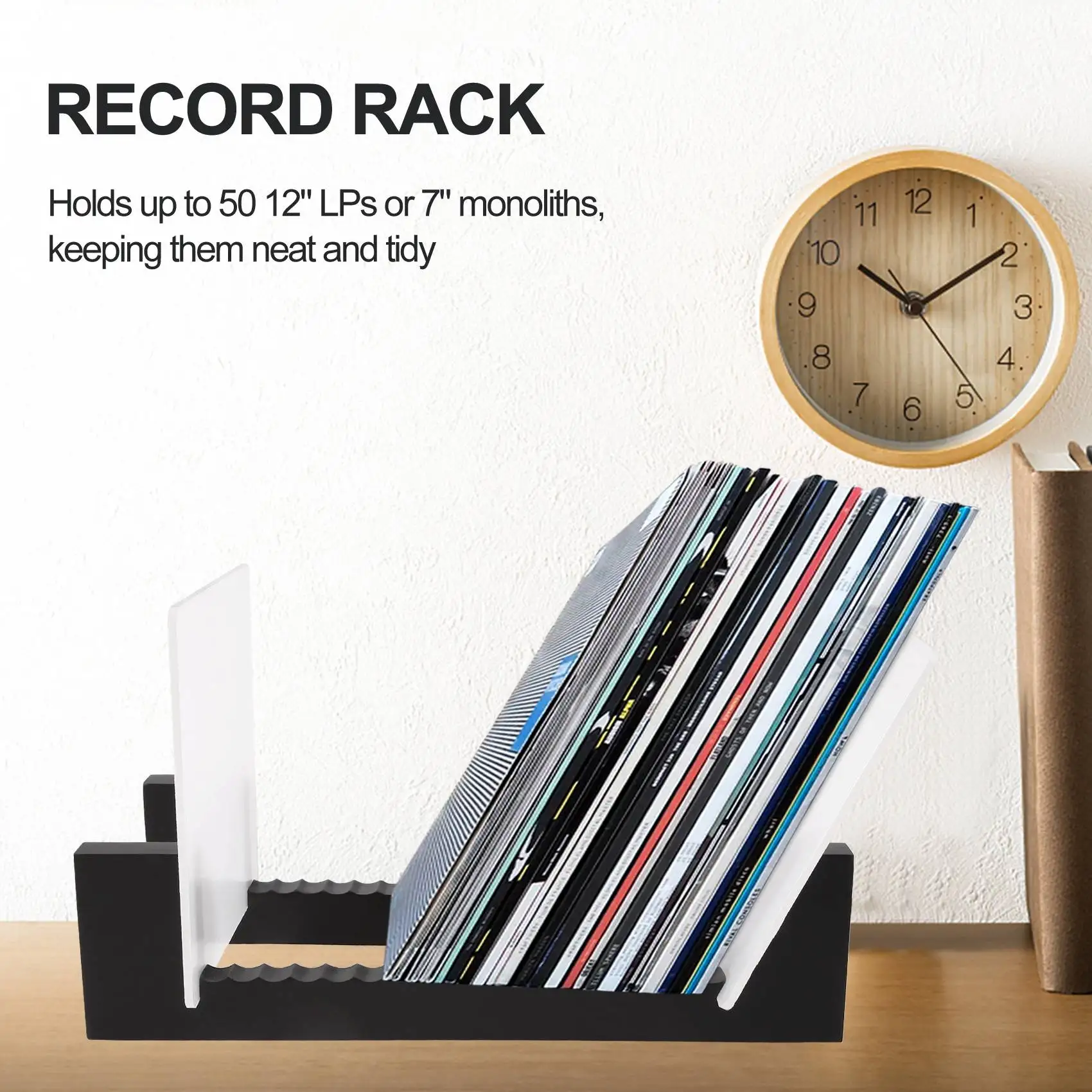 Classy-Vinyl Record Storage -Vinyl LP Record Rack 13.7 Inches Long -Vinyl Record Holders (Black)