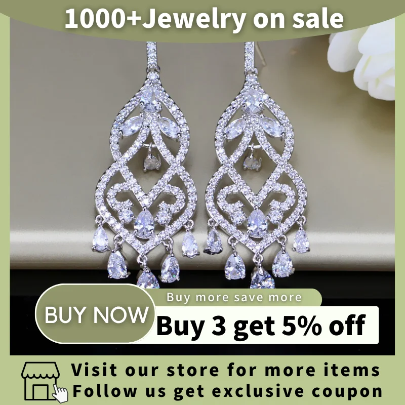 BeaQueen Famous Designer Women Jewelry Noble Green Cubic Zircon Long Drop Bridal Wedding Chandelier Earrings for Brides E049