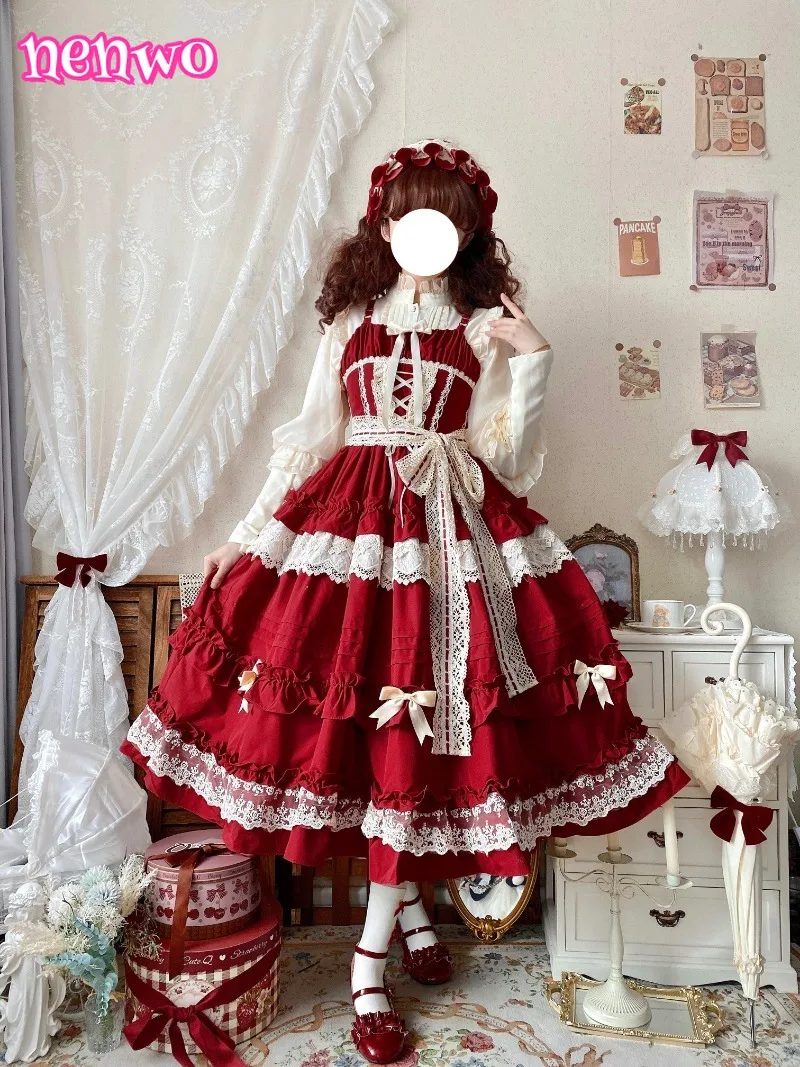 

Kawaii, осенне-зимнее элегантное платье Лолиты Jsk, милое женское длинное платье принцессы с кружевным бантом на день рождения и высокой талией на подтяжках