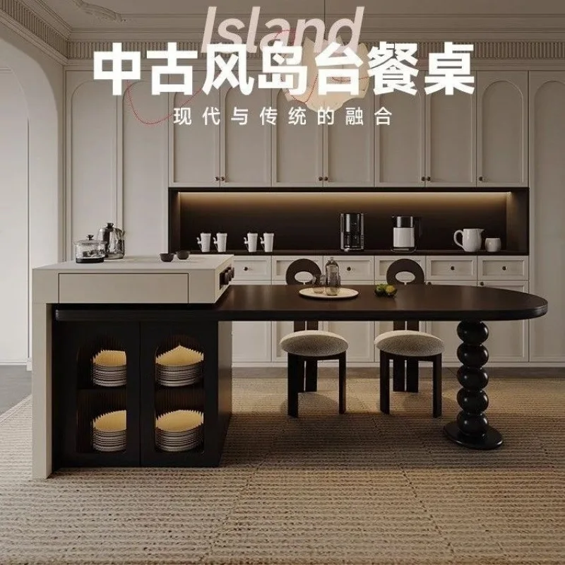 

Rock slab retractable island table integrated multi-functional household medieval arc dining table and chairs kitchen mid-island