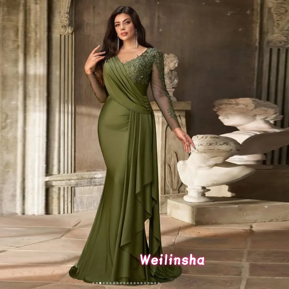 

Customized Dark Green Lace Appliques Sequined Mother of The Bride Dresses Mermaid Long Sleeves Wedding Party Dress
