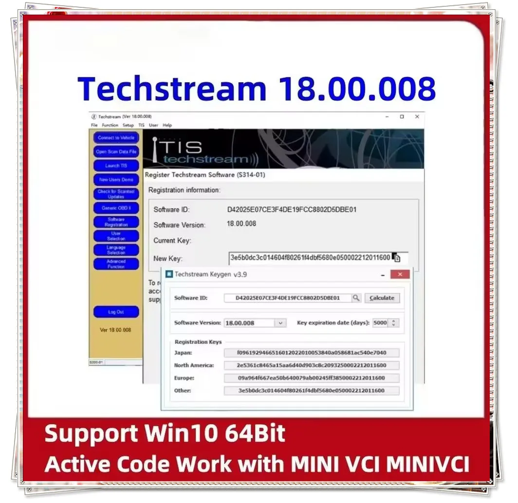 

For TOYOTA TIS Techstream 18.00.008 Software Link and Active Code Work with MINI VCI MINIVCI Newest Version