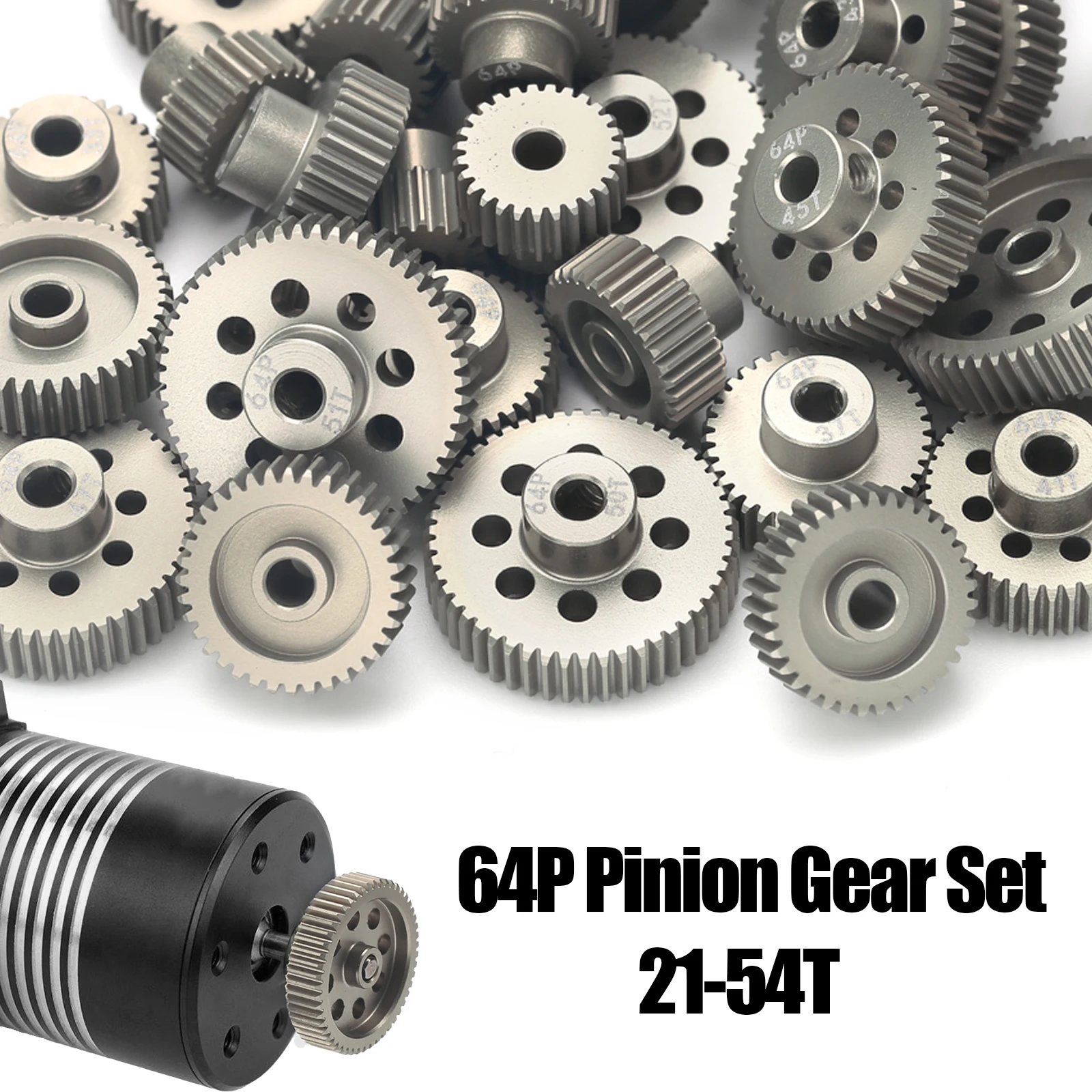 Zestaw zębatek RC 64P 3.175mm, aluminiowe hartowane zębatki silnikowe 21-54T do tuningu samochodów RC w skali 1/10