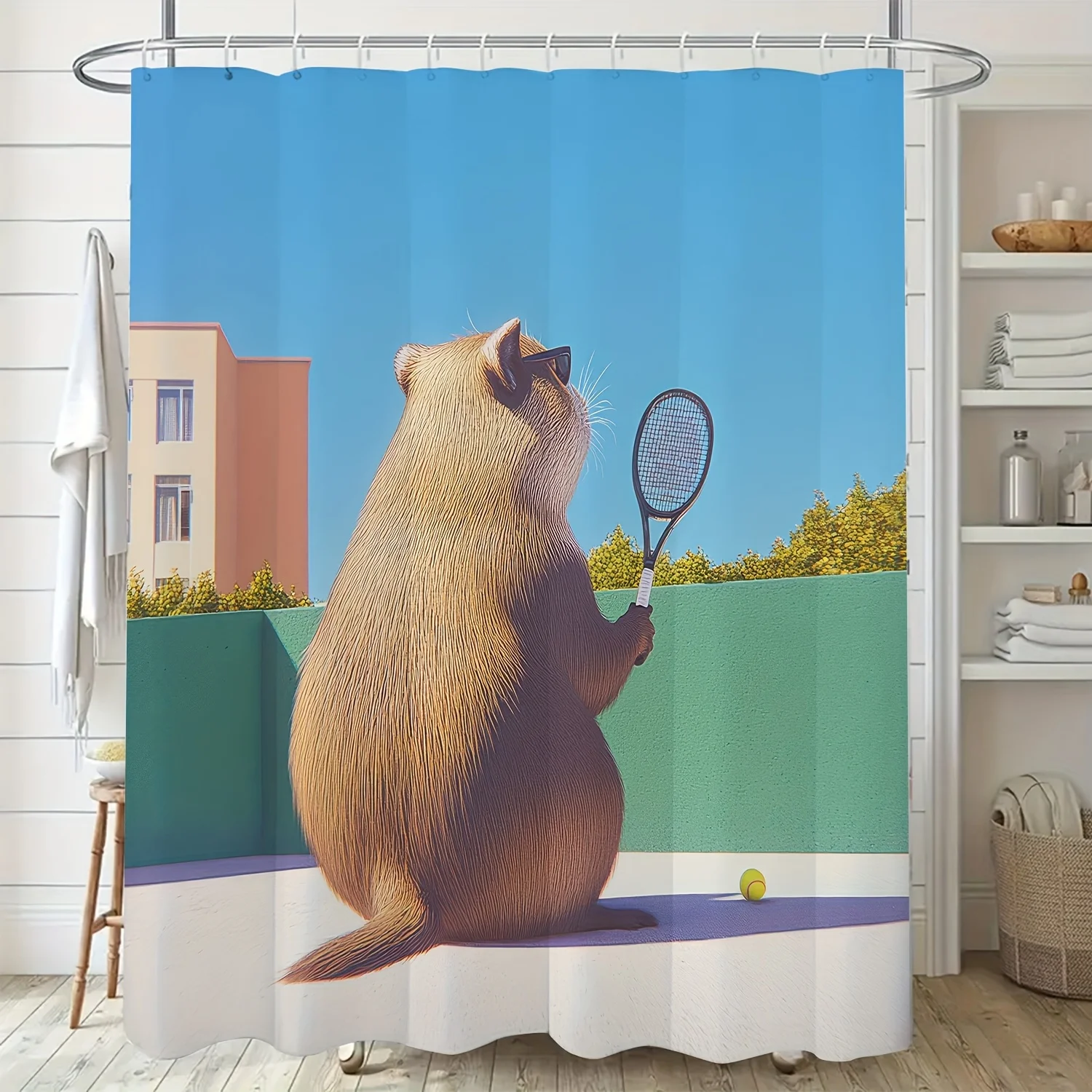 

1 шт., причудливая теннисная занавеска для душа с изображением выдры-полиэстеровый декор для ванной комнаты с ярким цифровым принтом, можно стирать в машине