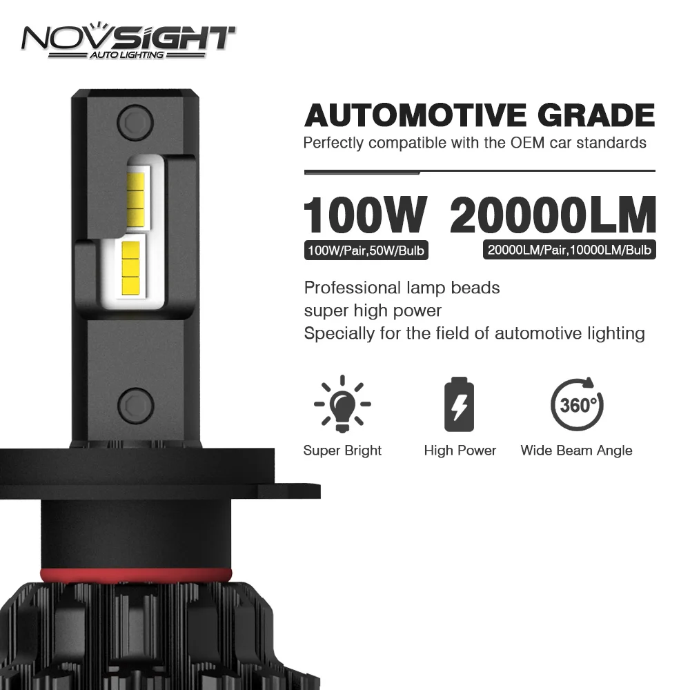 NOVSIGHT Car Headlight H4 Hi/Lo Beam LED H7 H8 H9 H11 9005/HB3 9006/HB4 100W 20000LM 6000K White Auto Decoder Headlamp Bulbs