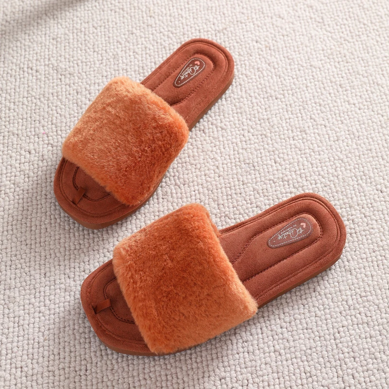 Eyriphy Damskie puszyste futrzane kapcie z otwartym palcem Casual Bedroom Slides Memory Foam Miękka podeszwa Bawełniane buty Antypoślizgowe Spa Indoor