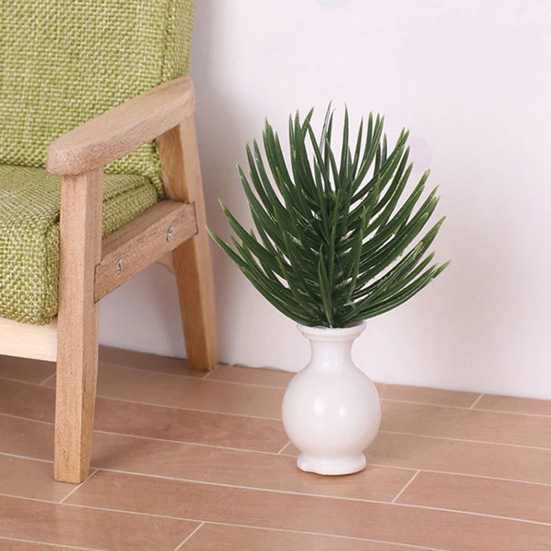 1pc Dollhouse Mini Plastic Simulation Vase Green Plant Miniature Model Mini Floral Arrangement Toy Ornaments