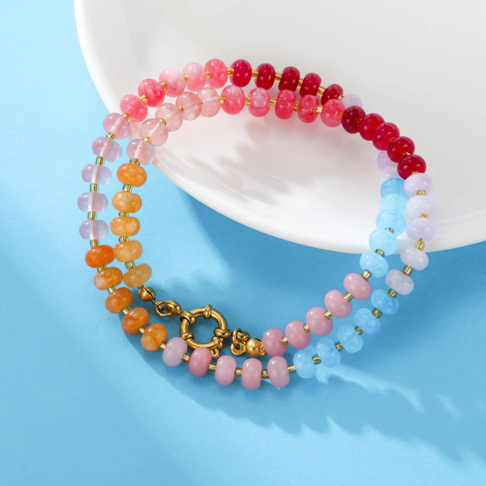 مجوهرات متدرجة من الحجر الطبيعي 2 في 1، سوار مطرز بألوان قوس قزح بطبقة واحدة هدية للنساء