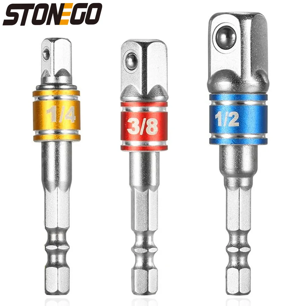 STONEGO 1PC/3PCS Hex Shank เจาะอะแดปเตอร์เต้าเสียบชุดสำหรับไดร์เวอร์ผลกระทบ-ซ็อกเก็ตเจาะบาร์ขยาย,1/4 ", 3/8", 1/2"