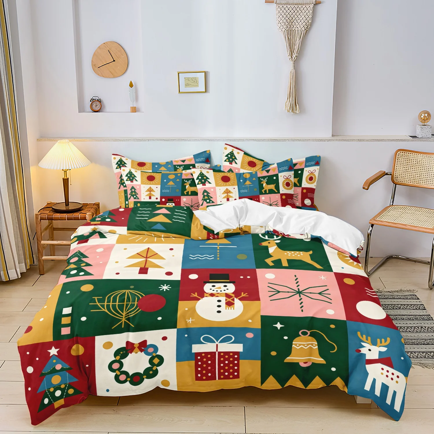  3Pcs Christmas Geometry Duvet Cover Set, Block Grid Snowman Reindeer Christmas Tree Wreath Bell and Gift Box Bedding