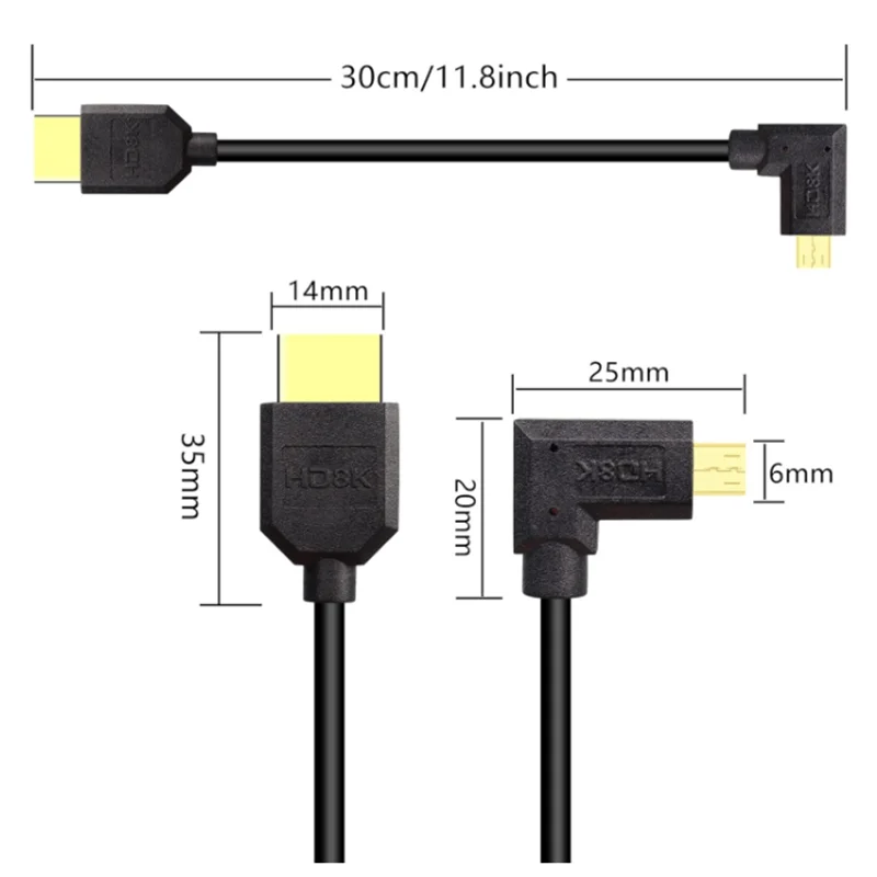 30cm OD4.0mm Slim Line HDMI-compatible to Micro HDMI - compatible Elbow Data Cable 2.1V 8K 60Hz for Camera Projector Display