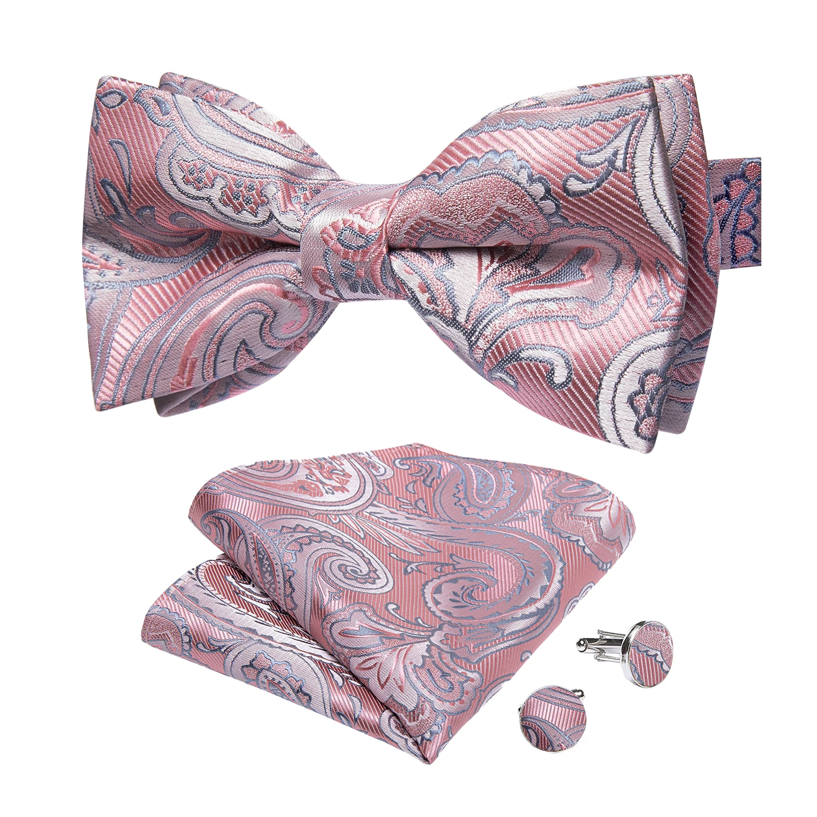 Klassisches schwarzes Herren-Fliege-Set mit Einstecktuch und Manschettenknöpfen – Paisley Gold Vorgebundene Fliege – Detail 39