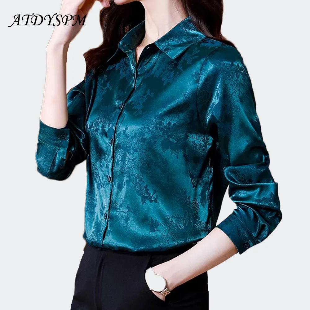 

Fashion Jacquard Satin Shirt Women Blouse Office Ladies OL Work Shirt Long Sleeve Spring Autumn Tops Elegant Female Clothing