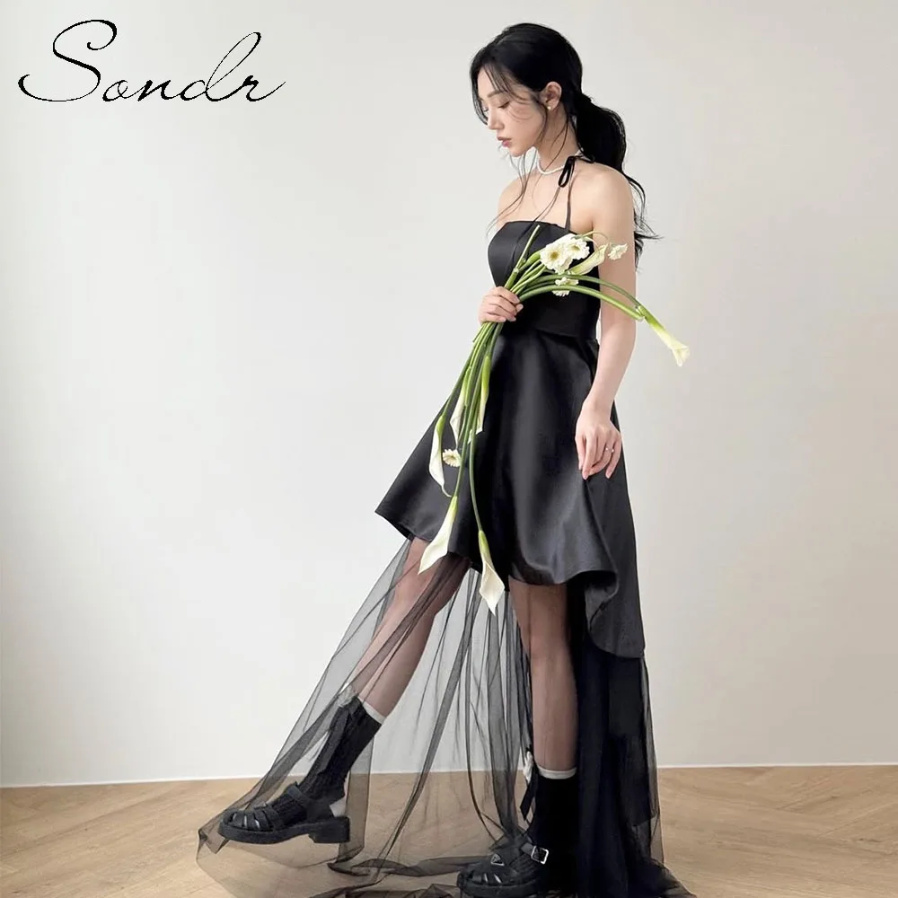 Sondr Korean Evening Party Dresses Black Strapless Satin and Tulle Wedding Dresses Elegant Floor-Length Reception Dresses