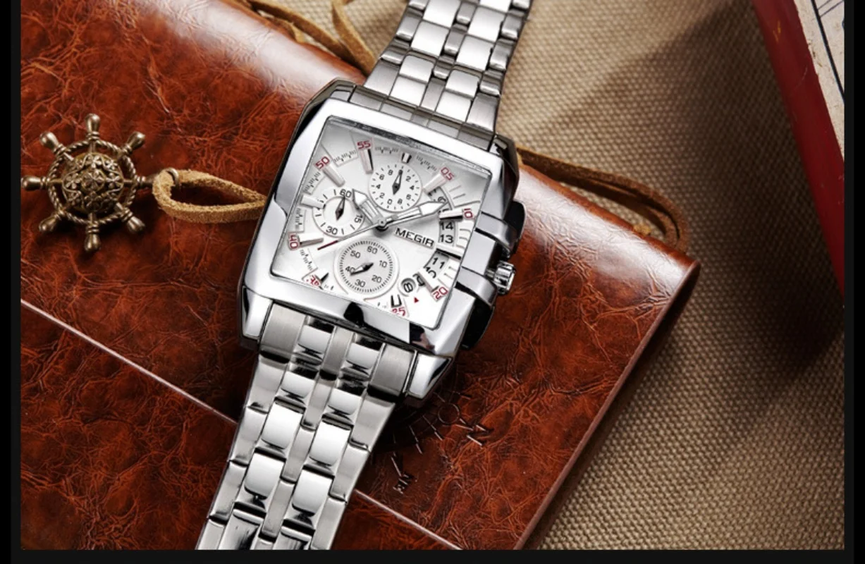 ساعة رجالية جديدة Megir Steel Band كوارتز ساعة رجالية رياضية في الهواء الطلق ساعة رجالية مربعة