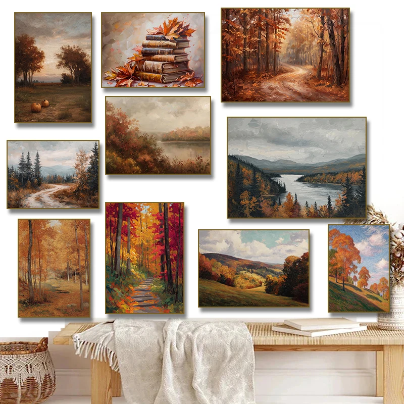 Fall Book Autumn River Moody Pumpkin Field Forest Landscape Canvas Painting Print Poster for Living Room Home Decor Cuadros