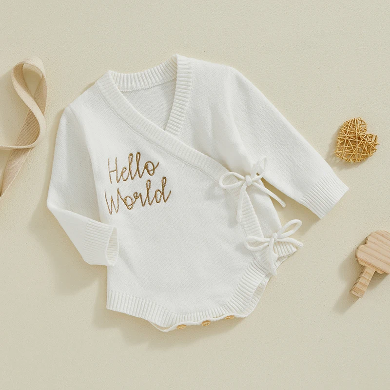 

Suefunskry Baby Girls Boys Sweater Romper Letter Embroidery Tie up Long Sleeve Jumpsuit for Newborn Infant Toddler Cute Clothes