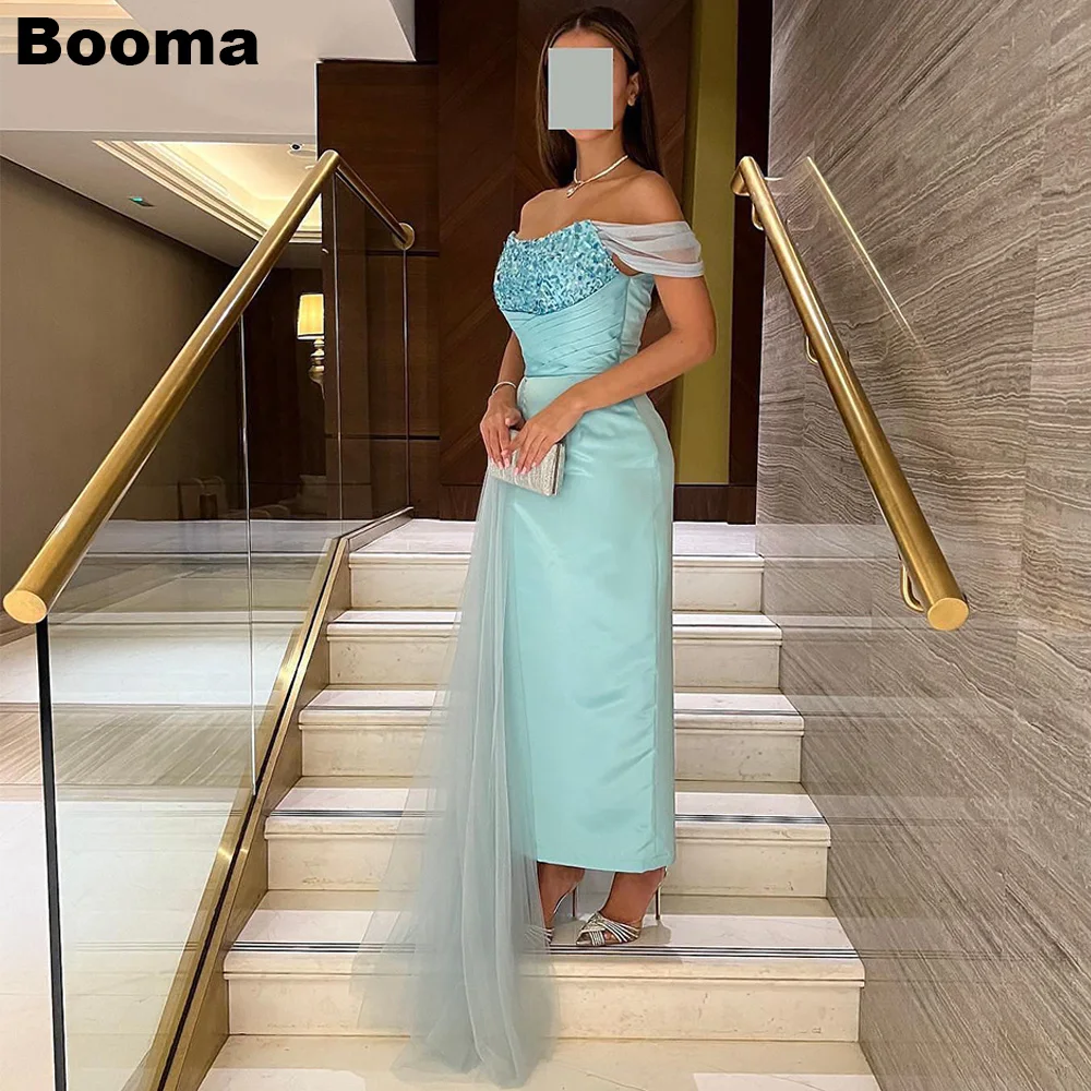 

Booma Light Blue Saudi Arabia Mermaid Evening Dresses for Women Off Shoulder Stain Beading Elegant Prom Dresses Formal Gowns