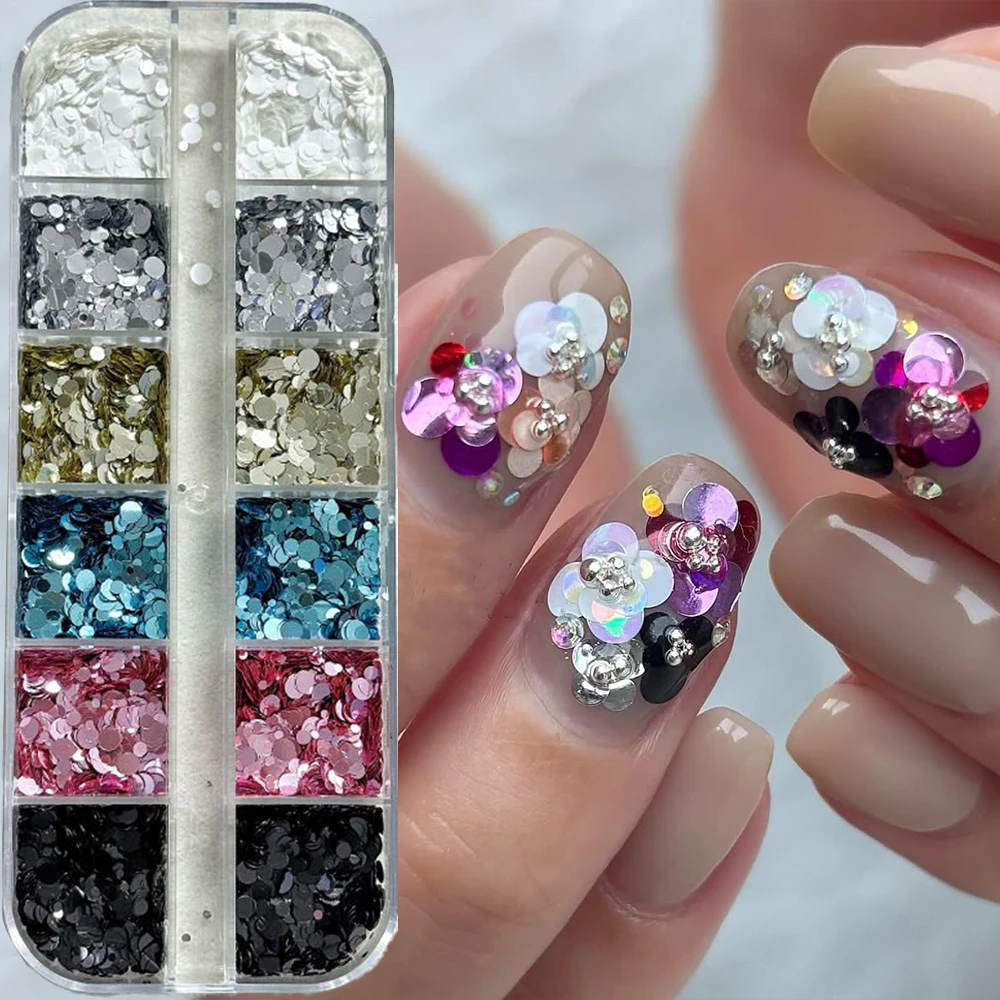 12Grids Mixed Polka Dot Nail Art Sequins for Spliced ​​Flowers Holographic Glitter Round Flakes Nail Charms Sparkle Sequins Nail