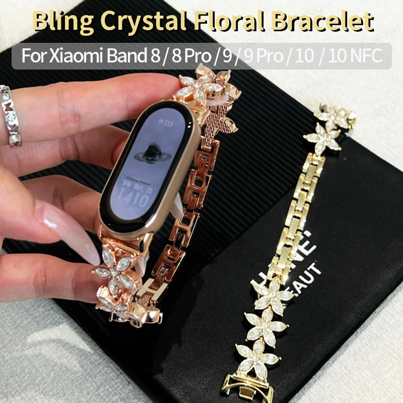 Sparkling Crystal Floral Watch Bracelet for Xiaomi 8 9 10 Ladies Metal Chain Strap for Miband 10 9 8 Smartband Jewelry Accessory