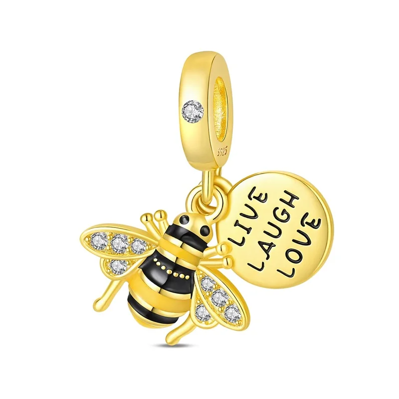 

New 925 Sterling Silver Golden Bee Charms Pendant Sparkling Zircon Dangle Fit 3mm Original Bracelet DIY Women Birthday Jewelry