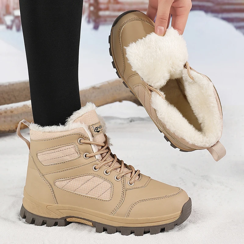 Women's Snow Boots, Winter Thickened Warm High-Top Boots, Outdoor Sports Short Boots, Lace-Up Ski Boots, Fashionable Mid-Calf High-Top Boots, Winter Sports Boots