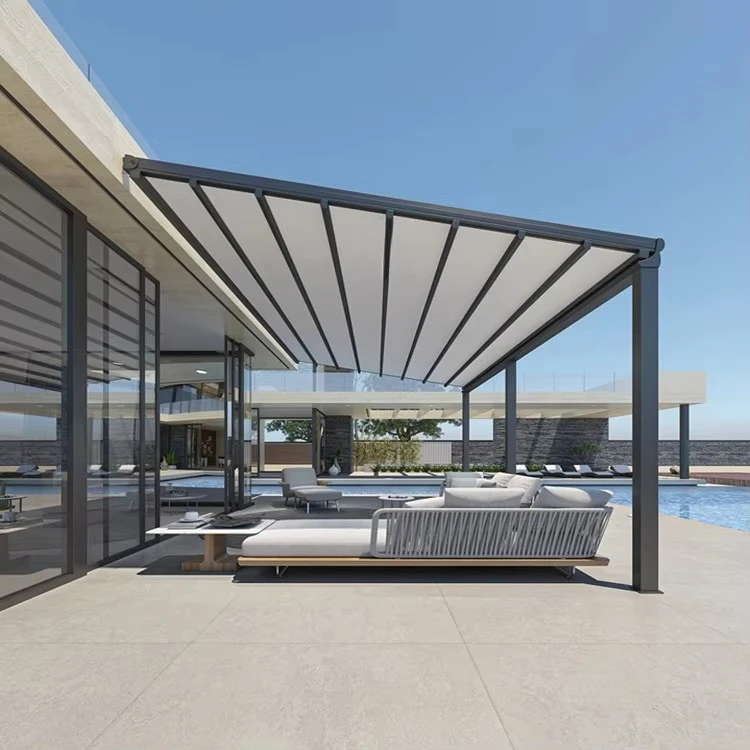 Folding Roof Pergola Aluminum Outdoor Waterproof Powder Coated Nature Motorized Remote Control Eco-Friendly