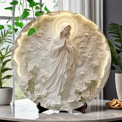 3D Maria Sculpture Aluminum Poster Board, 8 Inch Religious Round Wall Art with Garland, Floating Statue Design for Home