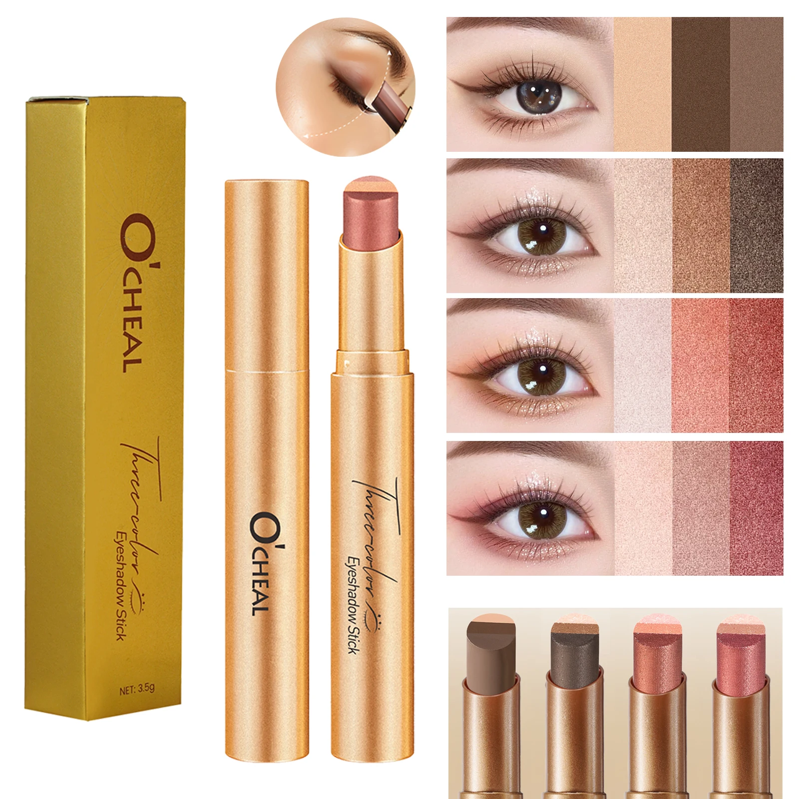 O'CHEAL Three Color Eye Shadow Stick Gradient Delicate Shiny Waterproof Glitter Eye Shadow Waterproof Long-Lasting Eye Cosmetics