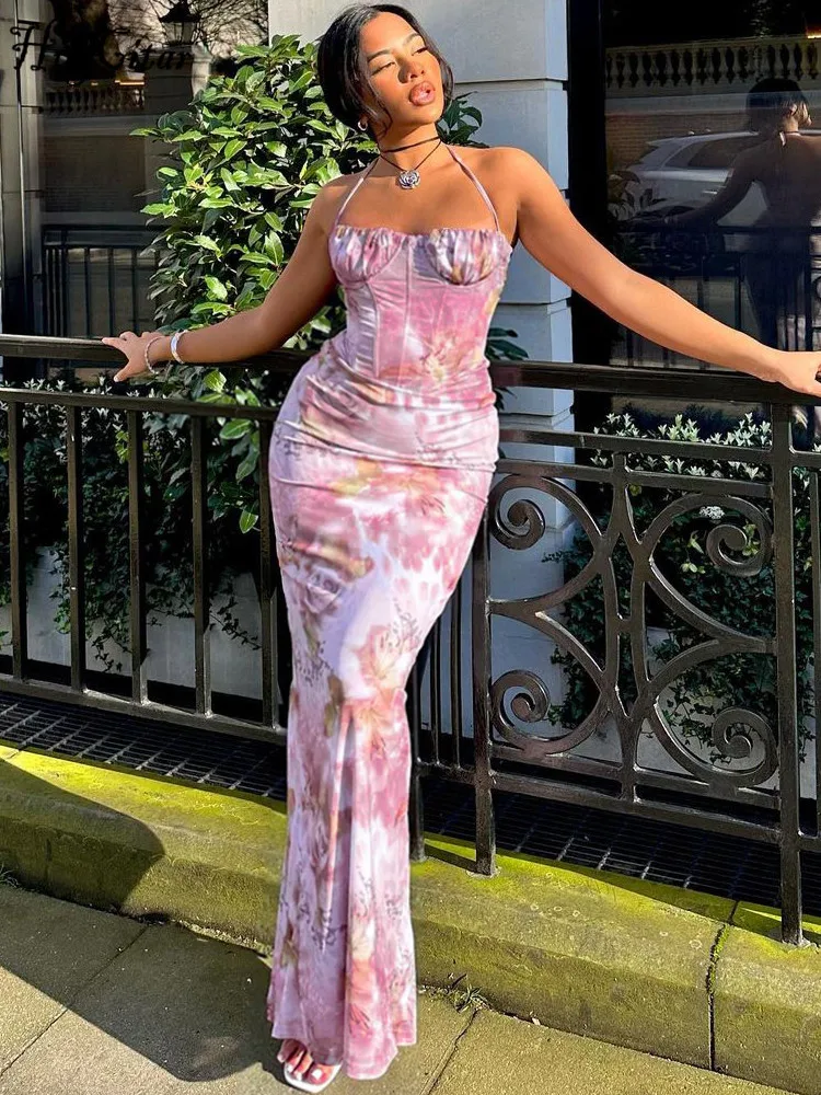 Hugcitar-Robe Longue Élégante à Imprimé Floral pour Femme, Dos aux, Froncée, à Lacets, Fente Latérale, Sexy, Slim, Tenue d'Été, Vacances d'Anniversaire