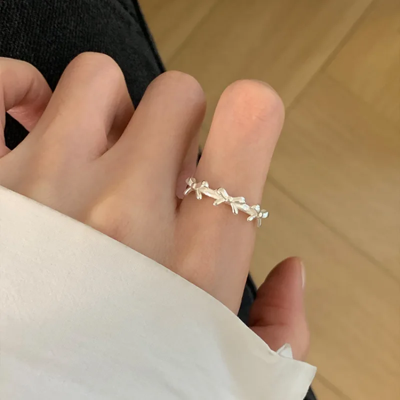Trendy 925 Sterling Silver Adjustable Metal Bowknot Ring for Woman Girls Geometry Designer Jewelry High Quality Accessories Gift
