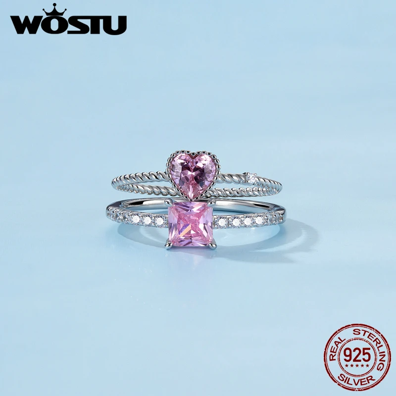 WOSTU 925 Sterling Silver Cross Love Heart Band Rings For Women s925 Black Rose Red Pink CZ Jewelry Wedding Accessories Gift