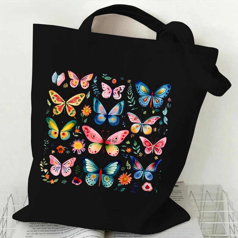 Skeleton Flower Pattern Canvas Shoulder Bag Vintage Flower Butterfly Print Tote Bags Retro Skull Butterfly Print Women S Handbag