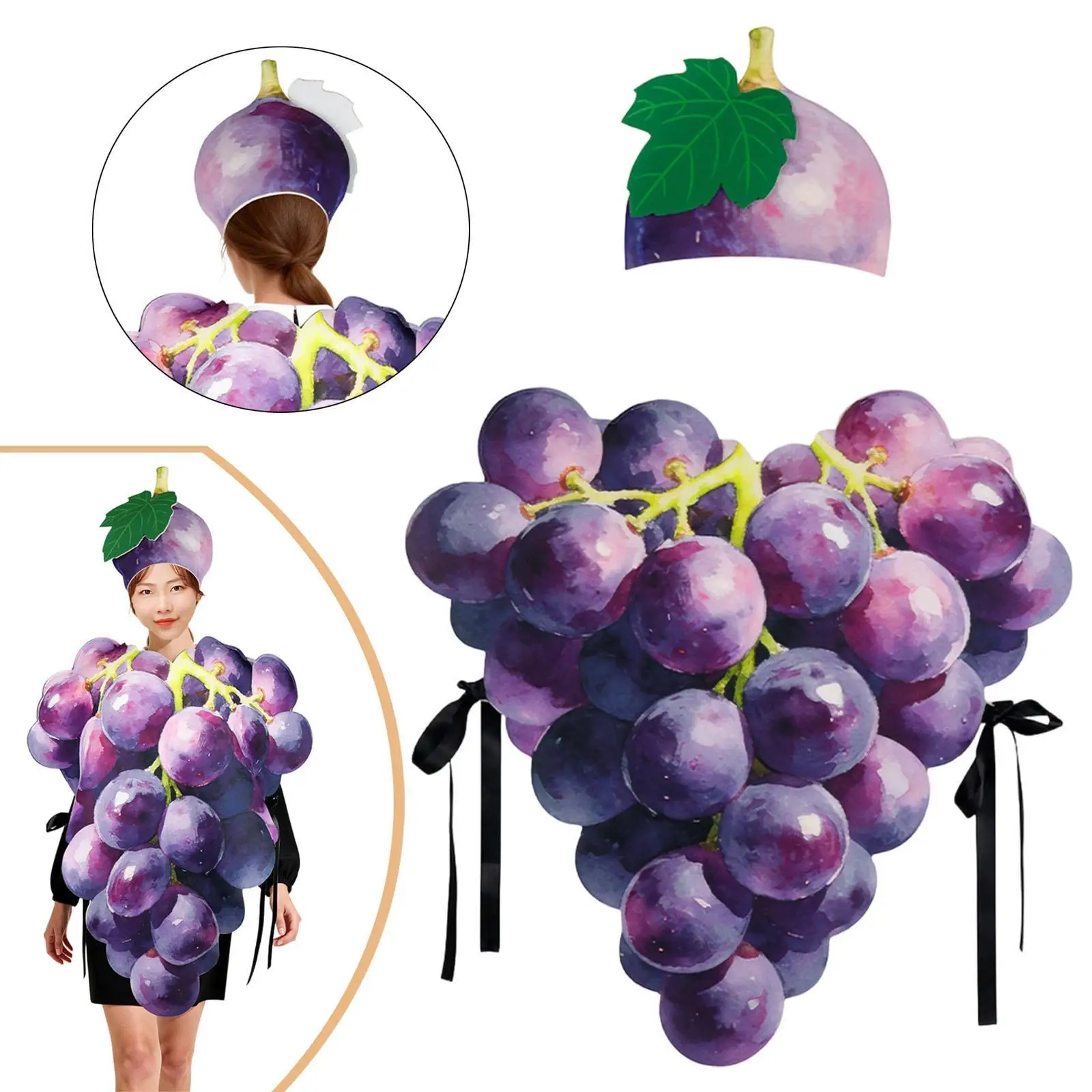 Funny Grape Themed Cosplay Vest Women Adult Polyester Fancy Dress Outfit with Hat for Party Festival Stage