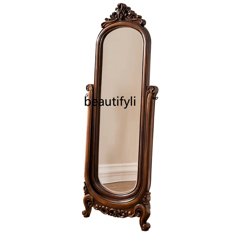 European-Style Solid Wood Dressing Vertical Floor Full-Length Mirror Retro Rotating Changing Mirror