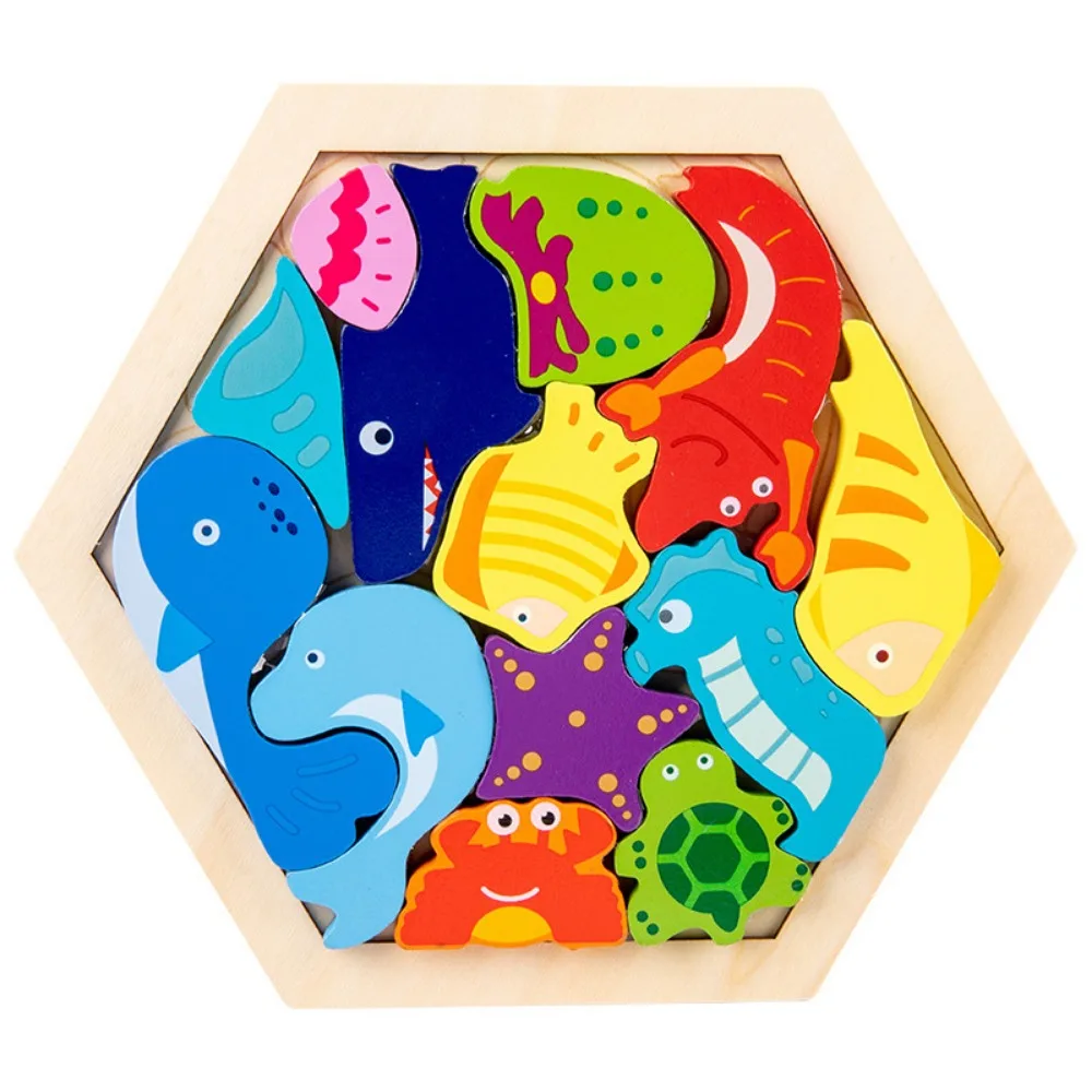 Cartoon Pattern Wooden Jigsaw Puzzle Hexagonal Pallet Stereoscopic Wooden Puzzle 3D Structure Wooden Educational Toy