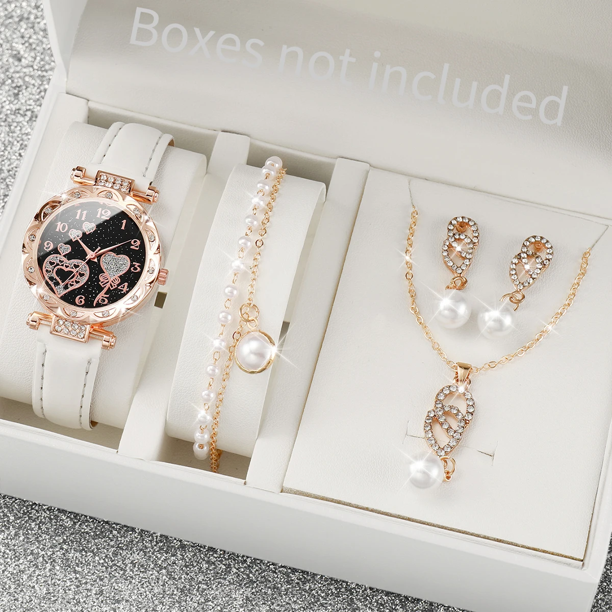 4 stks/set dames glanzende strass quartz horloge analoog PU lederen polshorloge faux parel sieraden set meisjes cadeau (zonder doos)