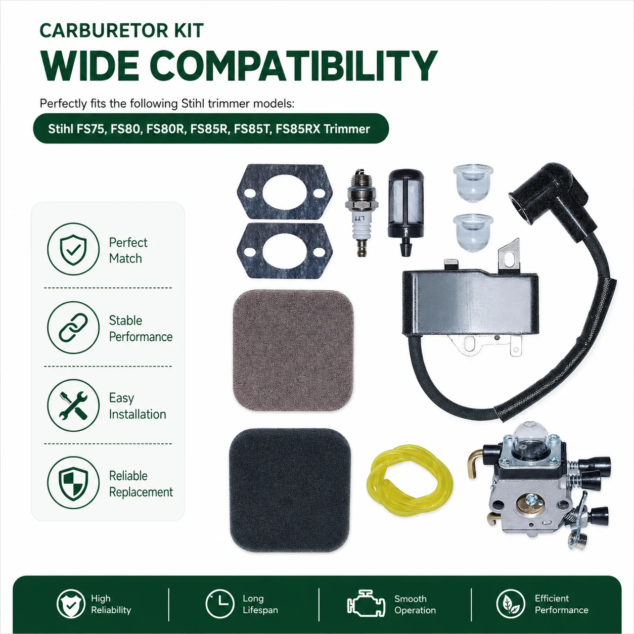 Ignition Coil Tune Up Kit For Stihl FS75 FS80 FS80R FS85R FS85T FS85RX, Replace Zama C1Q-S97B C1Q-S97C C1Q-S66 OEM 4137-120-0606