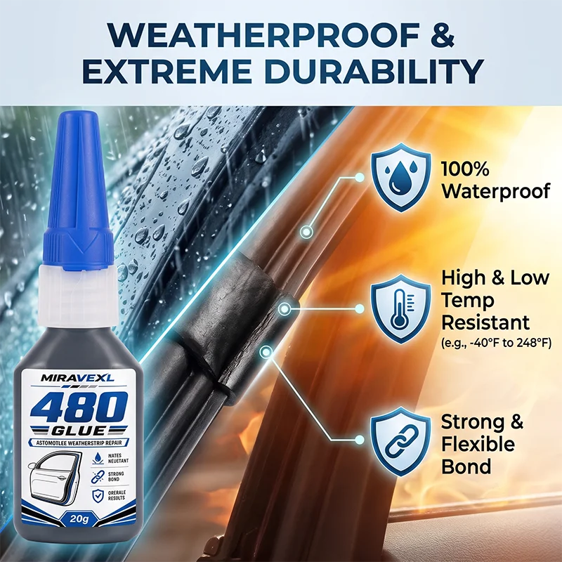 480 Rubber Seal Repair Glue 20g Weatherstrip Adhesive for Car Door Trunk Hood Gasket, Water-Resistant Strong Bond with Dropper