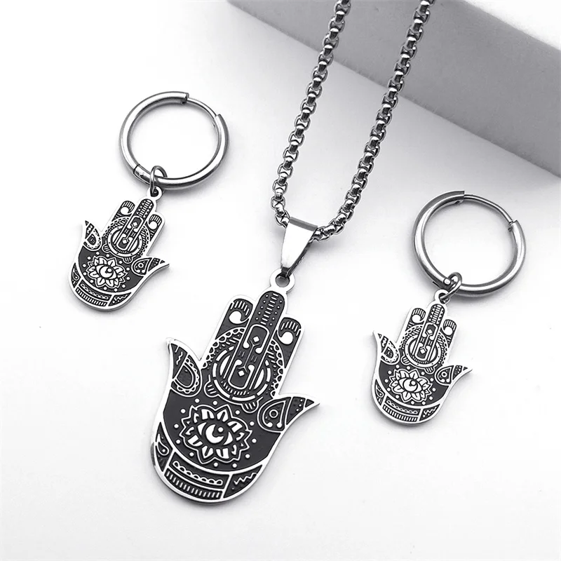 Stainless Steel Jewelry Set Women Men Hamsa Hand of Fatima Turkish Eye Necklaces Earrings Bracelet Jewelry conjuntos de joyas