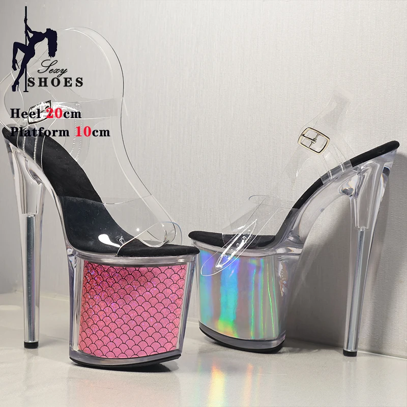 Sexy 20CM/8inches Exotic Stripper High Heel Sandals Transparent  Heel Platform Glitter Stiletto Heels Pole Dancing Shoes Women